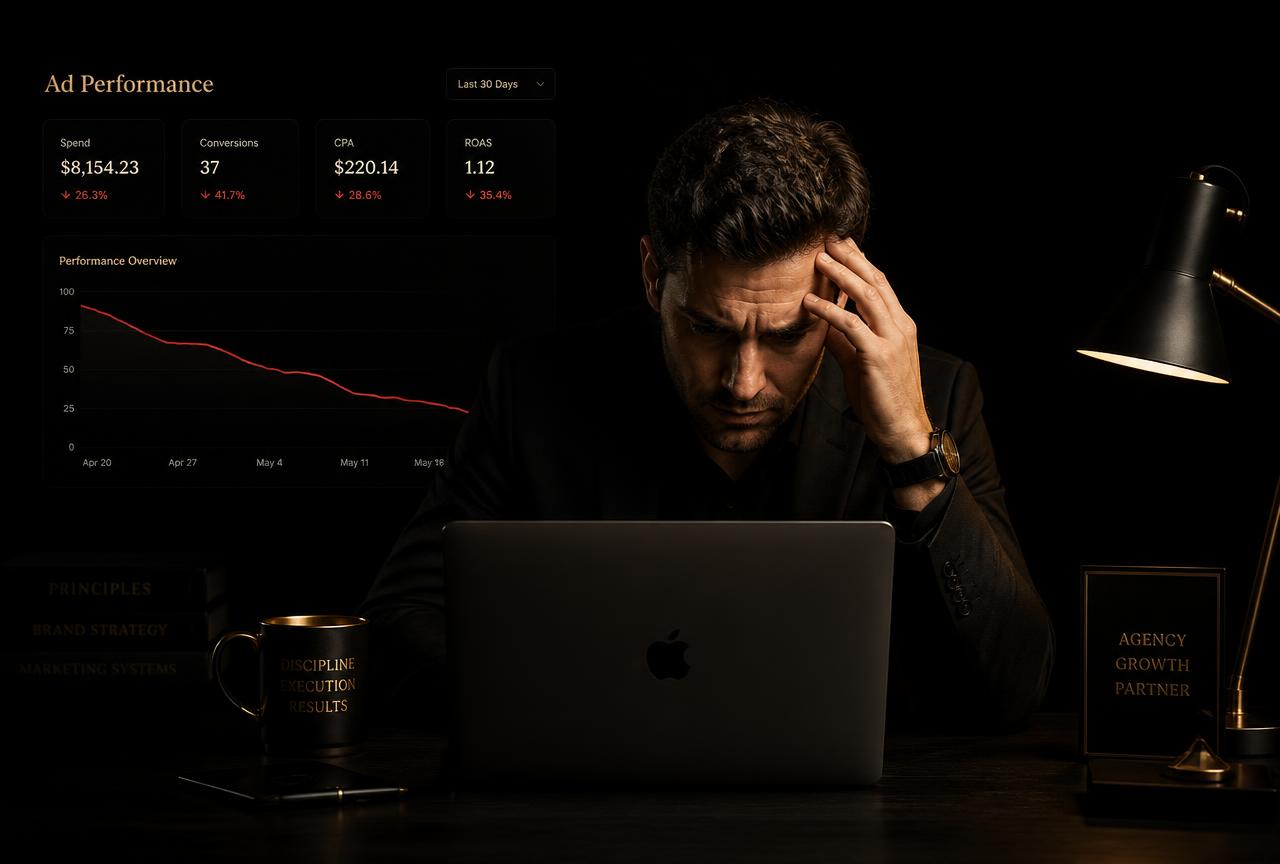 Empresário analisando queda nos resultados de anúncios